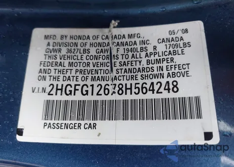 2008 Honda Civic Lx из США, поврежденный, VIN 2HGFG12678H564248